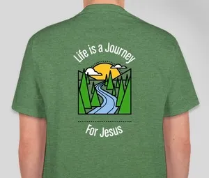 A green shirt with a picture of a river and trees.