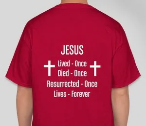 A red shirt with the word jesus written on it.